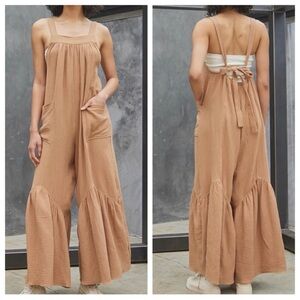 Ces Femme Cotton Gauze Wide Leg Adjustable Overall Jumpsuit